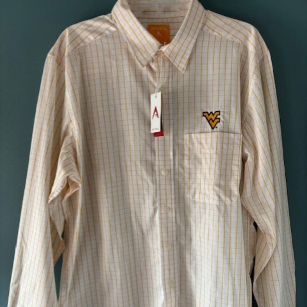NWT West Virginia Mountaineers XL Gold Check Mens Long Sleeve Button Up Logo
